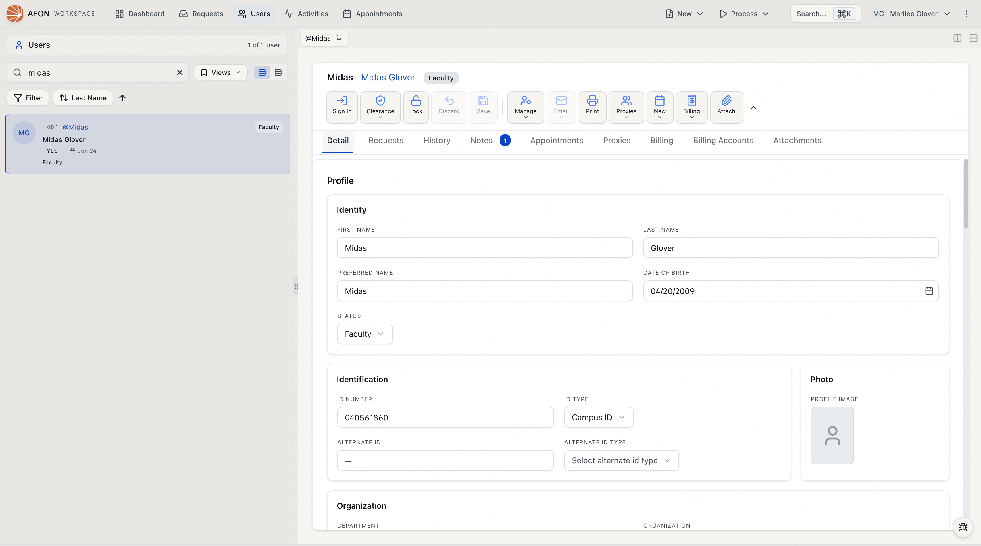 A user record toolbar with the Lock control available, indicating the record is not currently locked