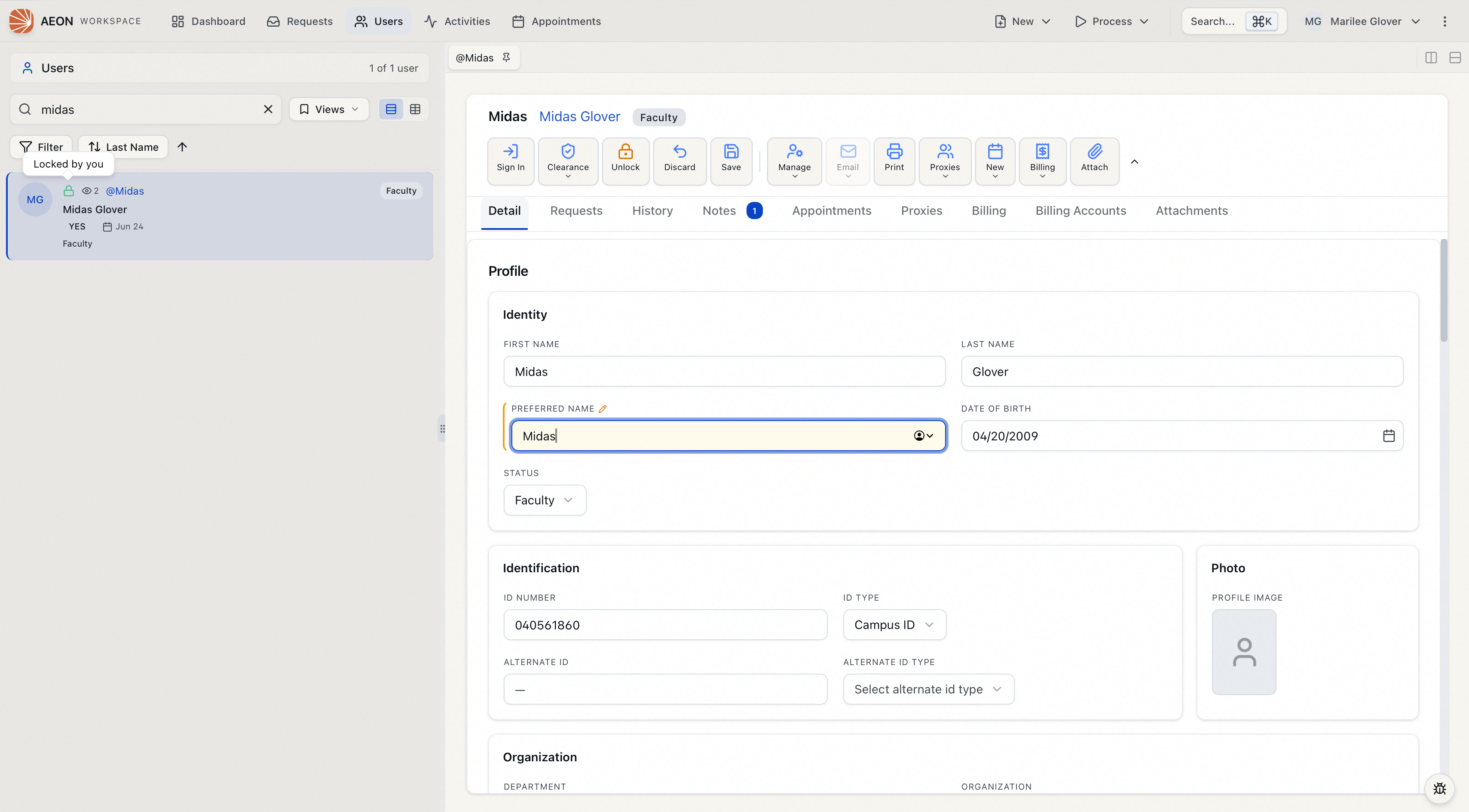 A user record where you hold the lock, with the Unlock control showing and the form editable