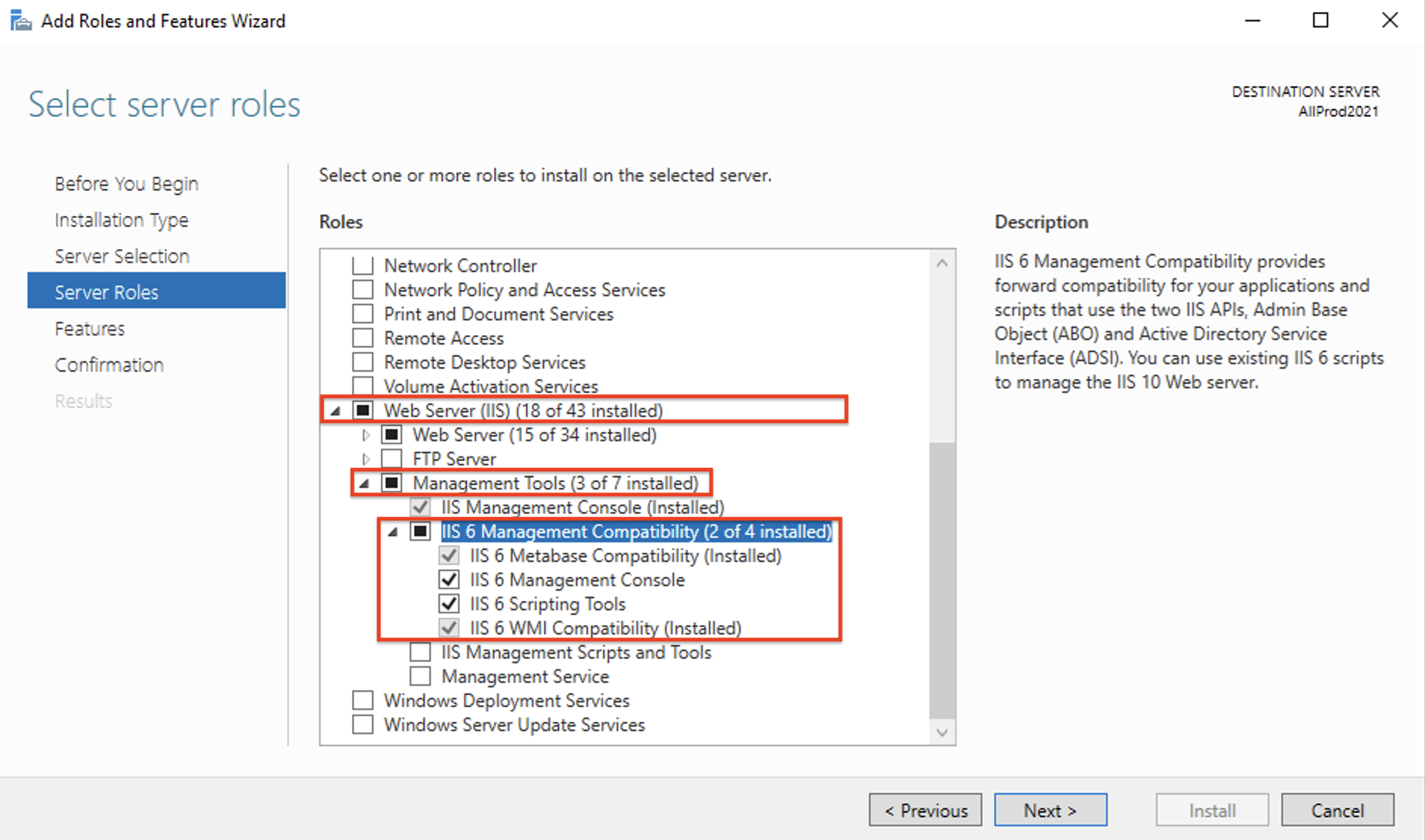 IIS 6 Management Compatibility Components