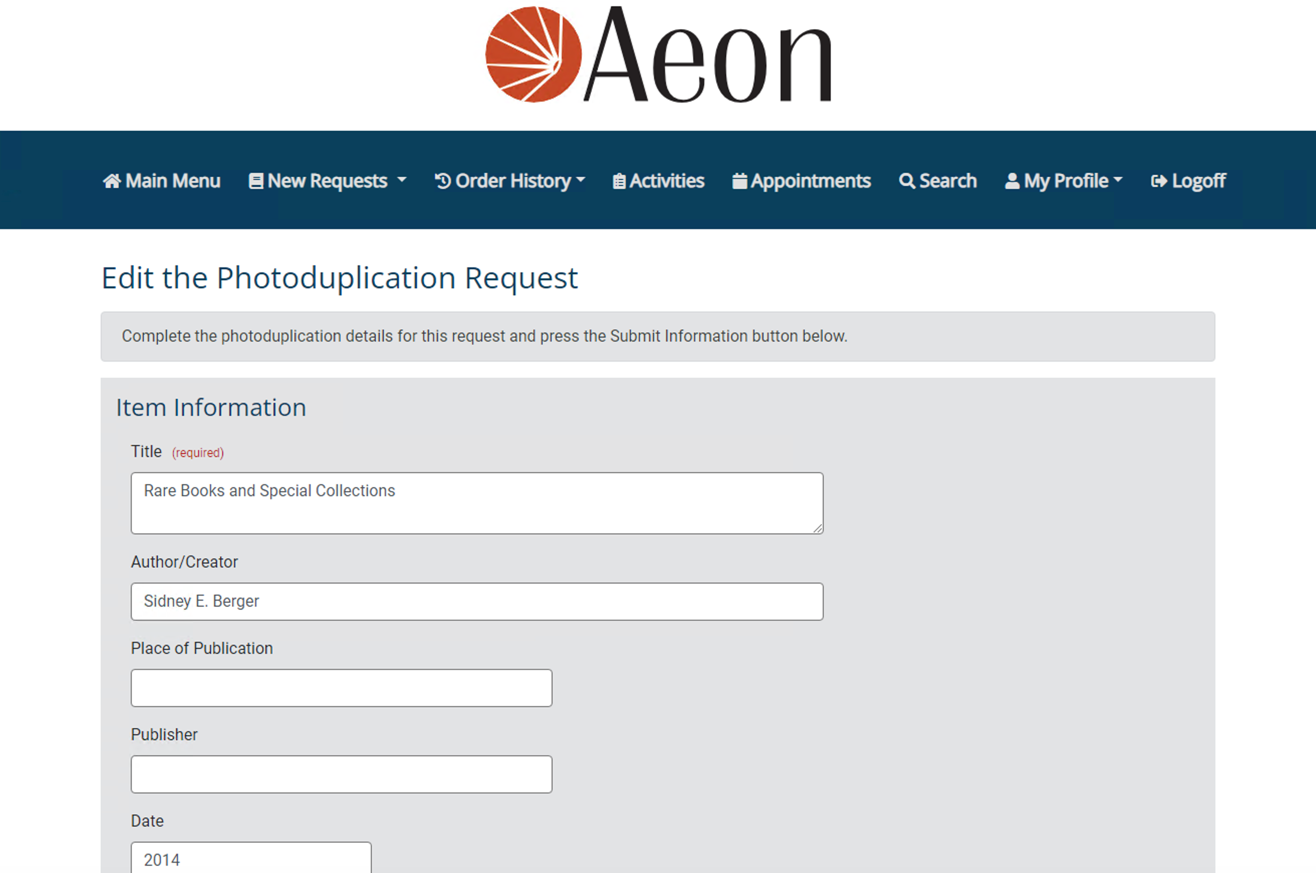 Adding a Photoduplication Request to an Existing Request - step 1