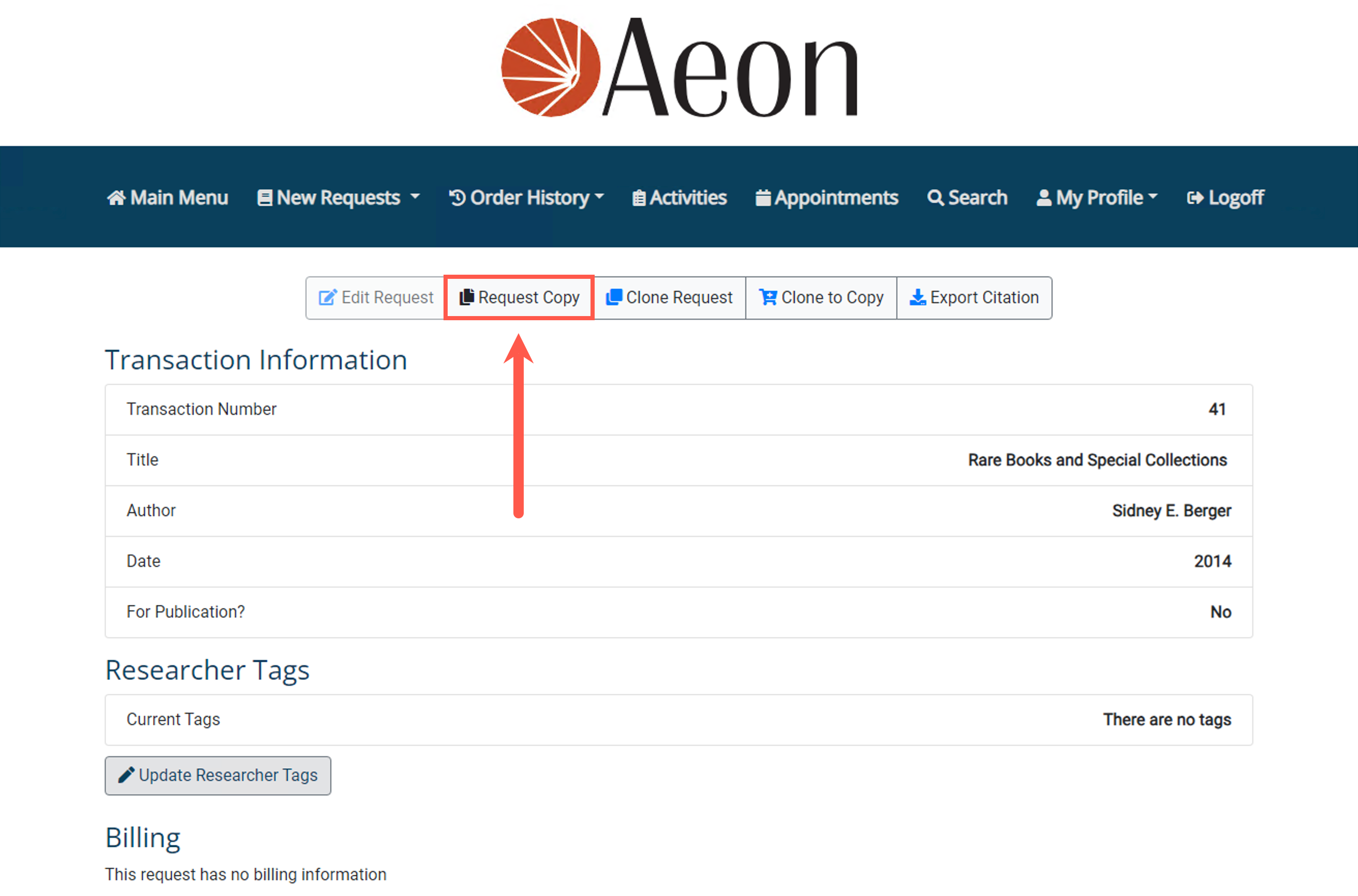 Adding a Photoduplication Request to an Existing Request - step 2