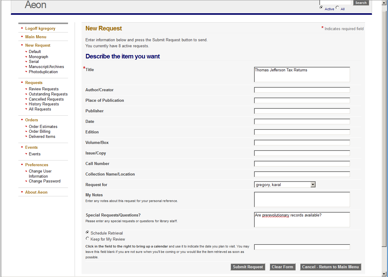 Submitting Requests via Manual Entry