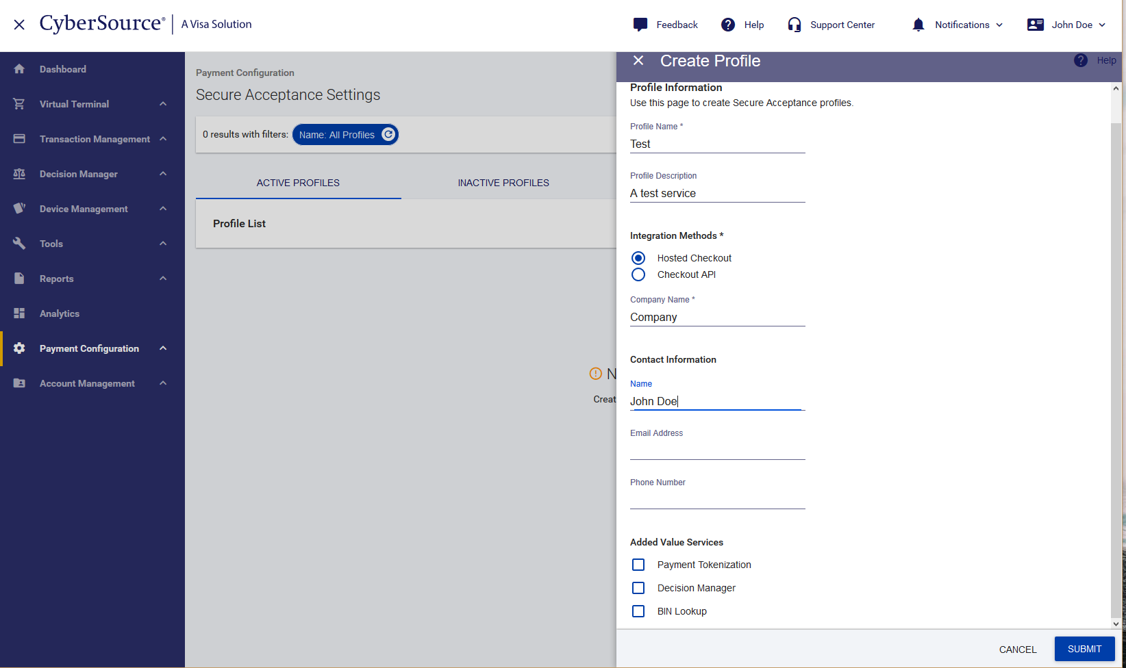 CyberSource Create Profile form with Hosted Checkout option