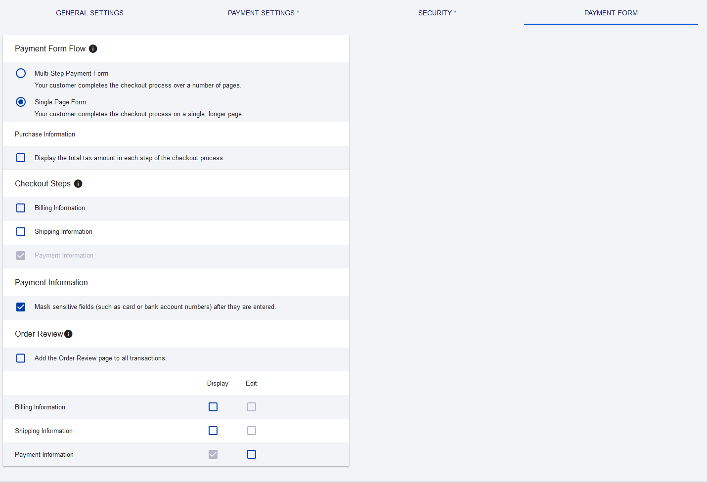 CyberSource Payment Form tab