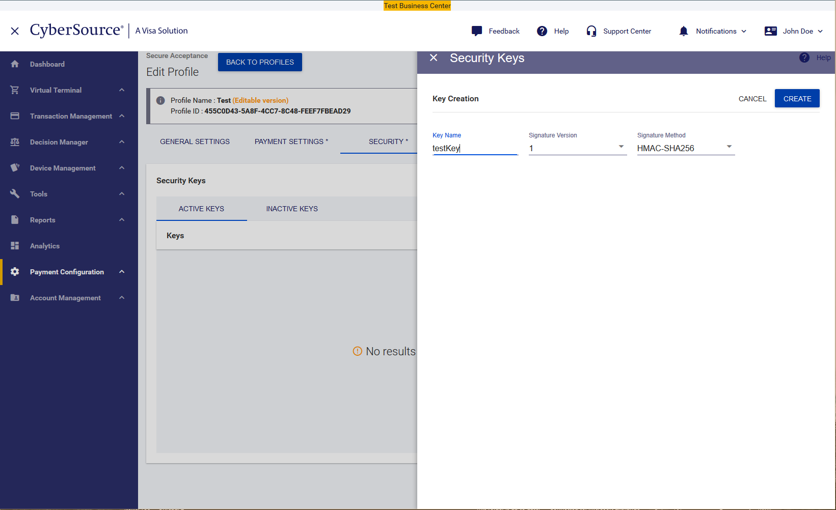 CyberSource Security Keys form with HMAC-SHA256 signature method