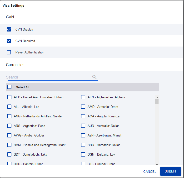 CyberSource Visa Settings configuration panel