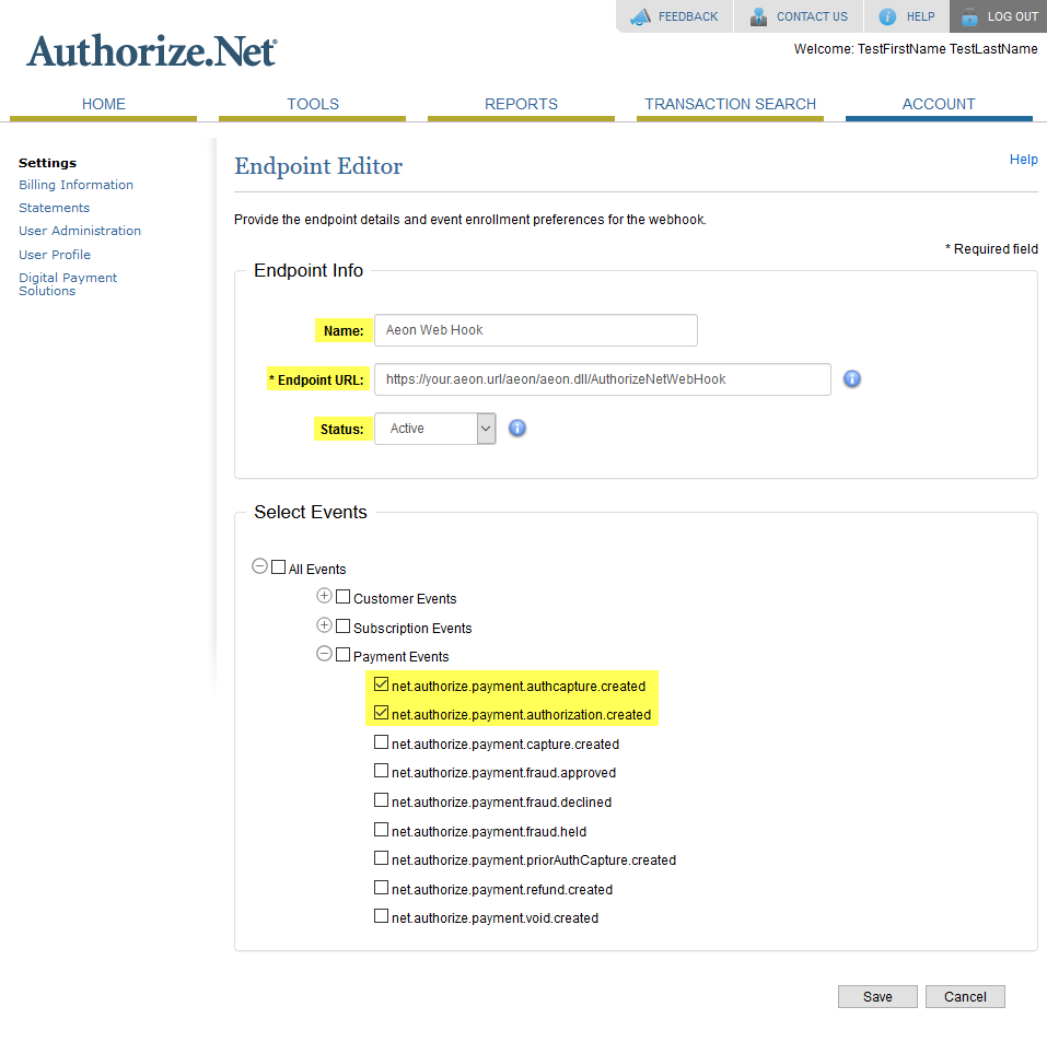 Authorize.Net Accept Hosted Payment Events selection