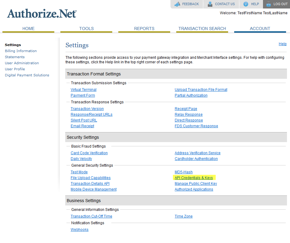Authorize.Net Accept Hosted API Credentials & Keys page