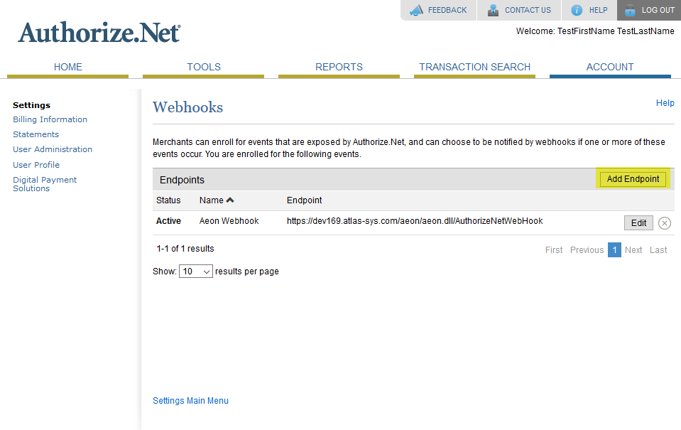Authorize.Net Accept Hosted Add Endpoint dialog