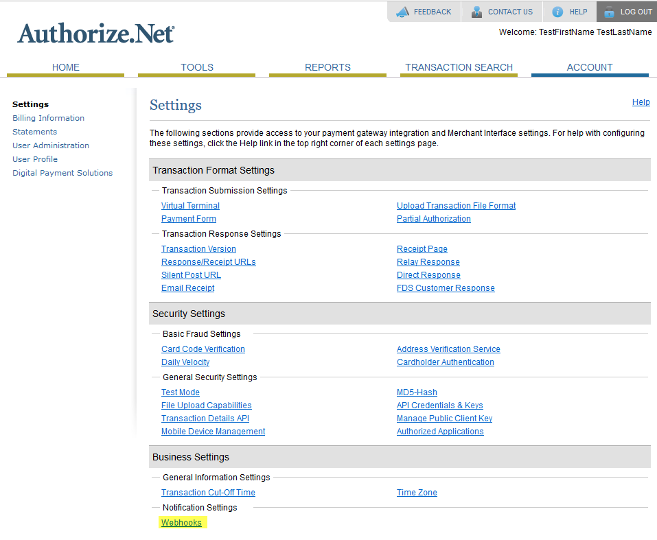 Authorize.Net Accept Hosted Webhooks page
