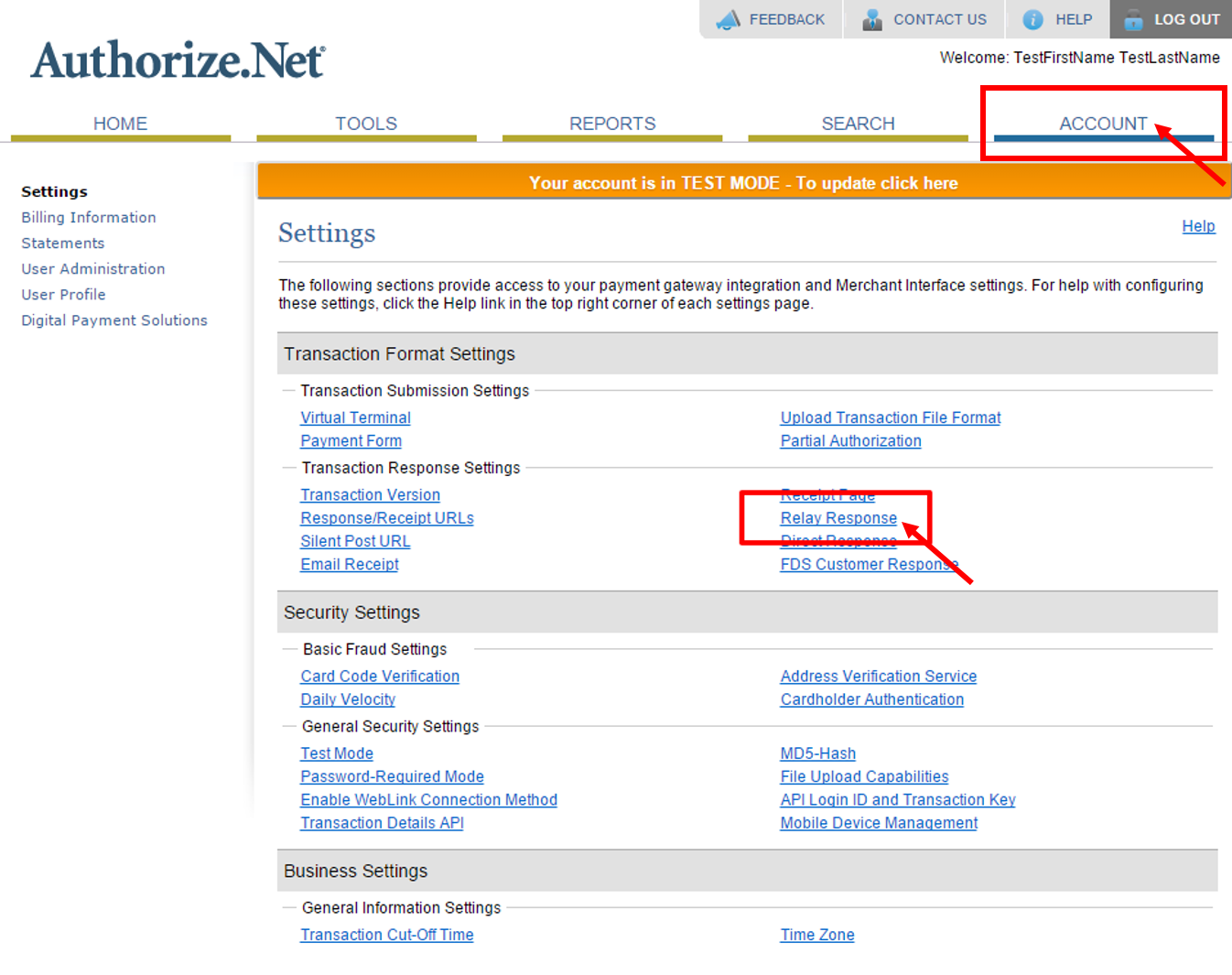 Authorize.Net Access Rely Response URL configuration