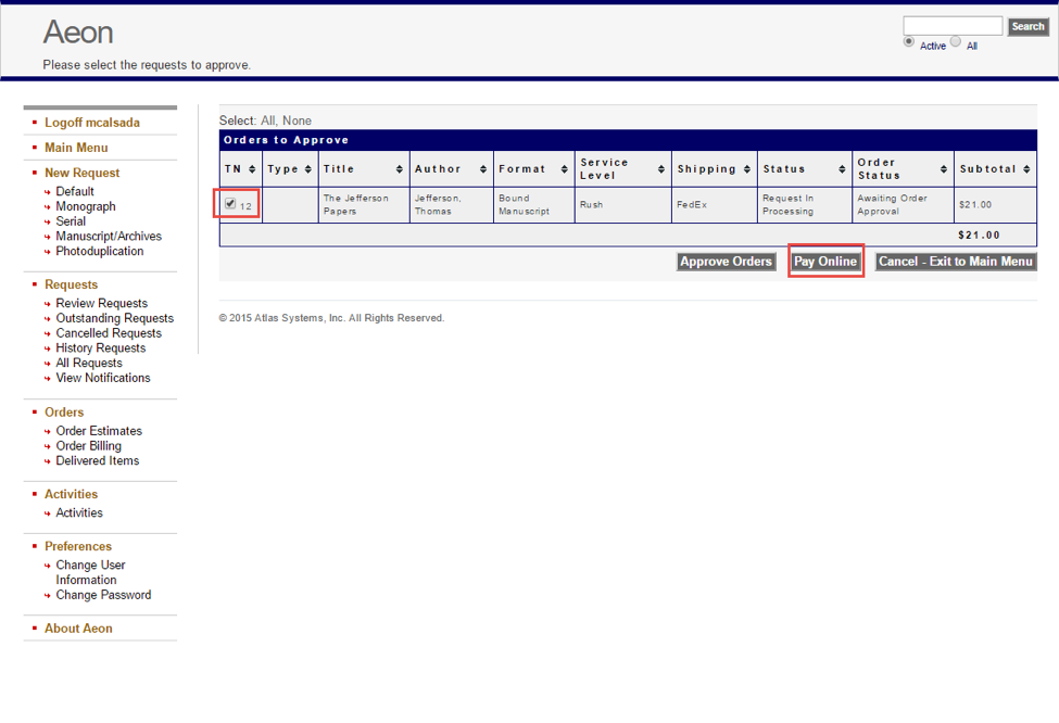 Payeezy Order Billing page with Pay Online button