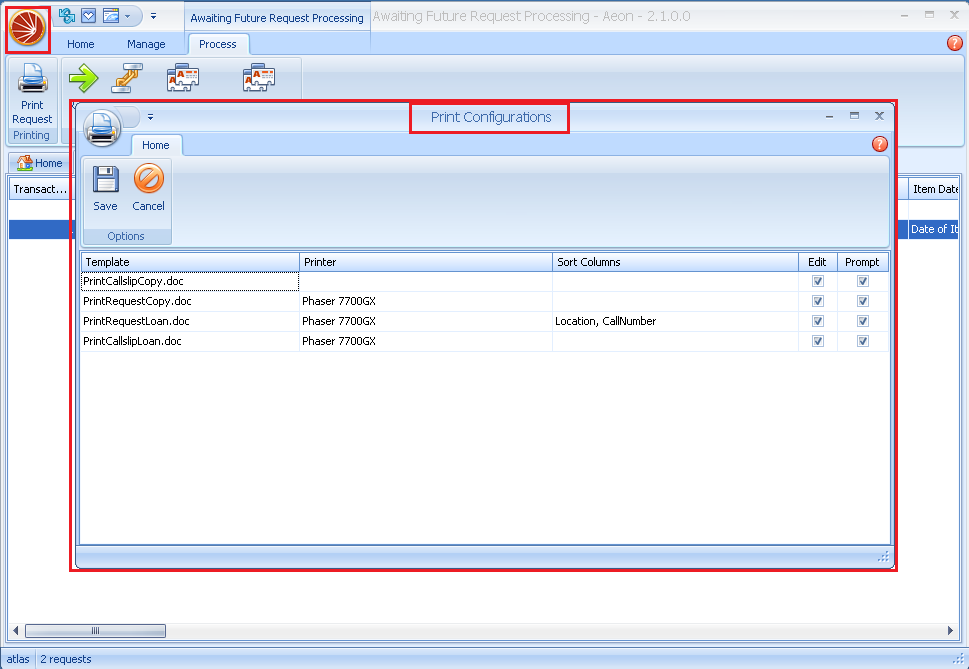 Configuring Printing - Print Configurations window