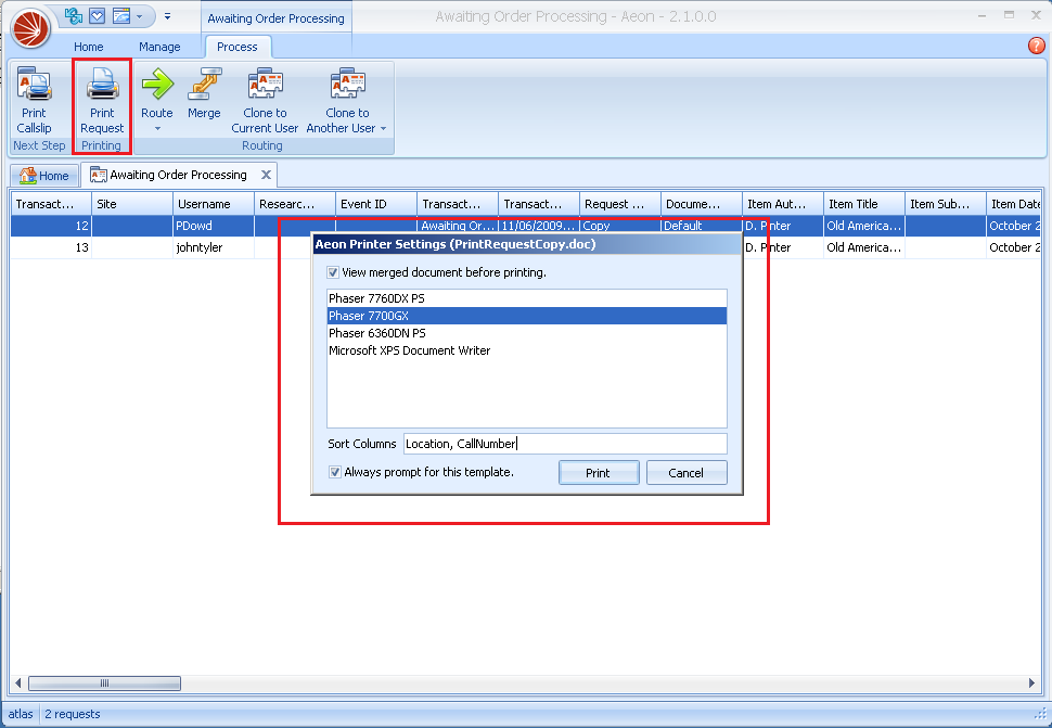 Configuring Printing - Sort Columns field in Printer Settings screen