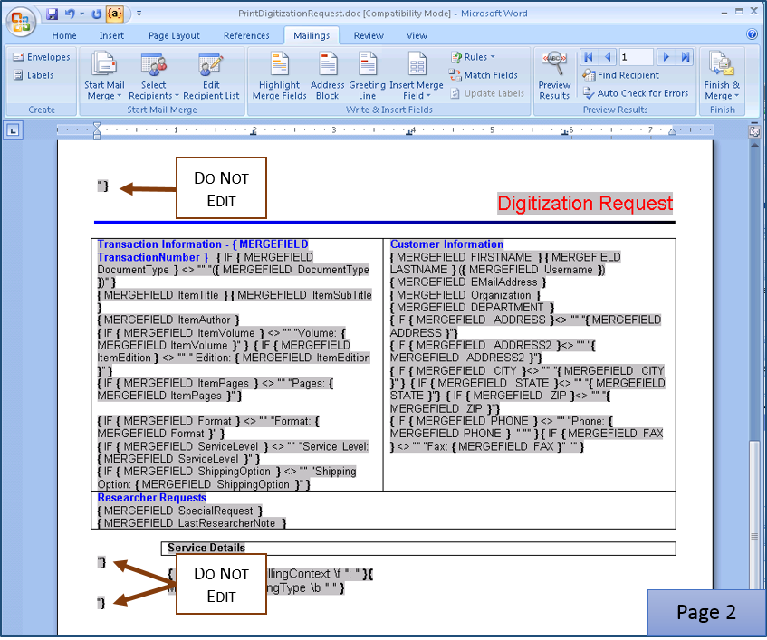 Editing the Print Digitization Request Template - Second page showing invoice section with highlighted braces