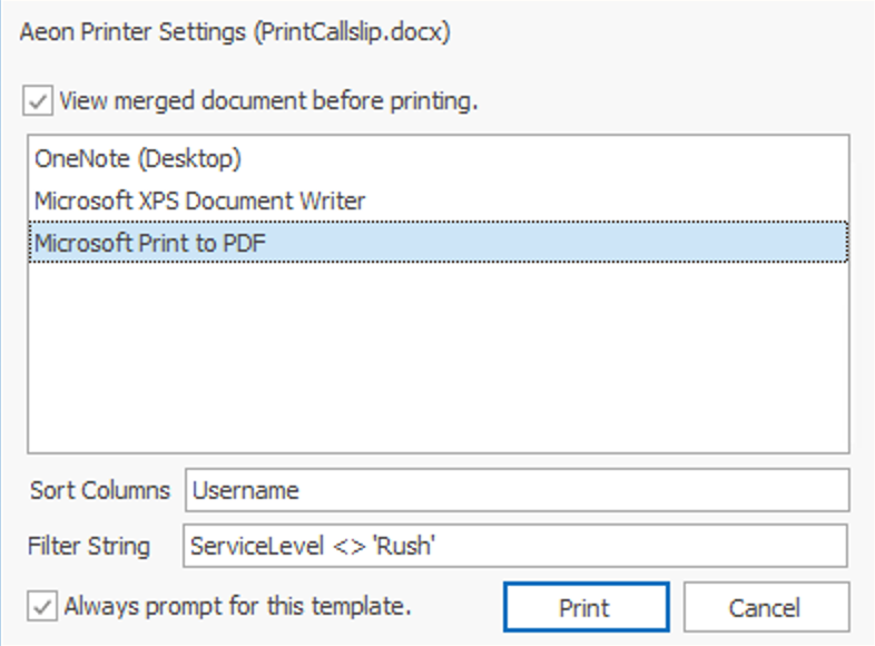 Sorting and Filtering Print Documents - Print Configurations form with Filter String field