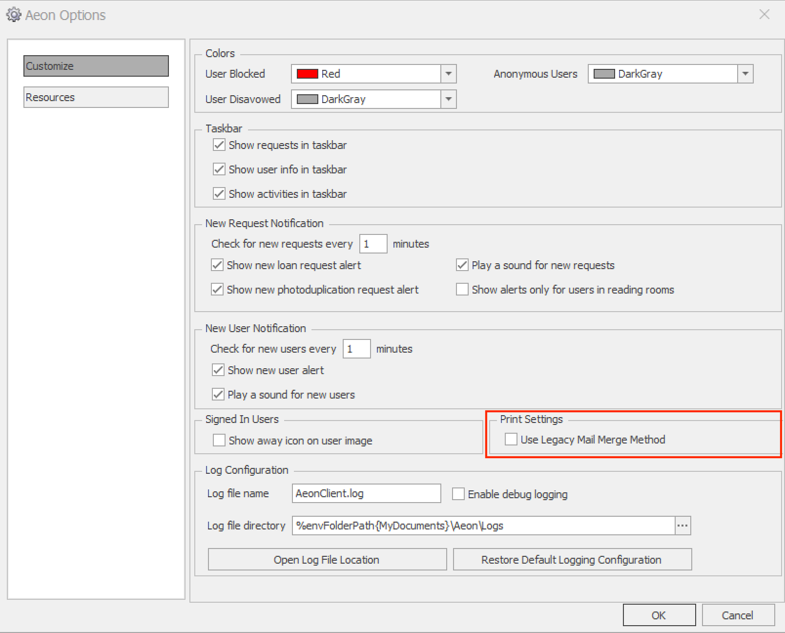 Troubleshooting Printing - Aeon Options Print Settings showing Use Legacy Mail Merge option