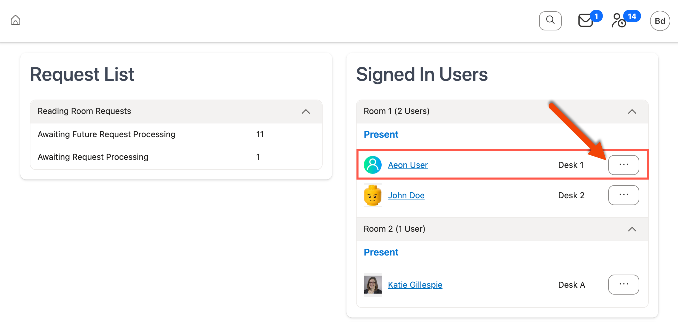 Action Menu next to user in Signed in Users grid