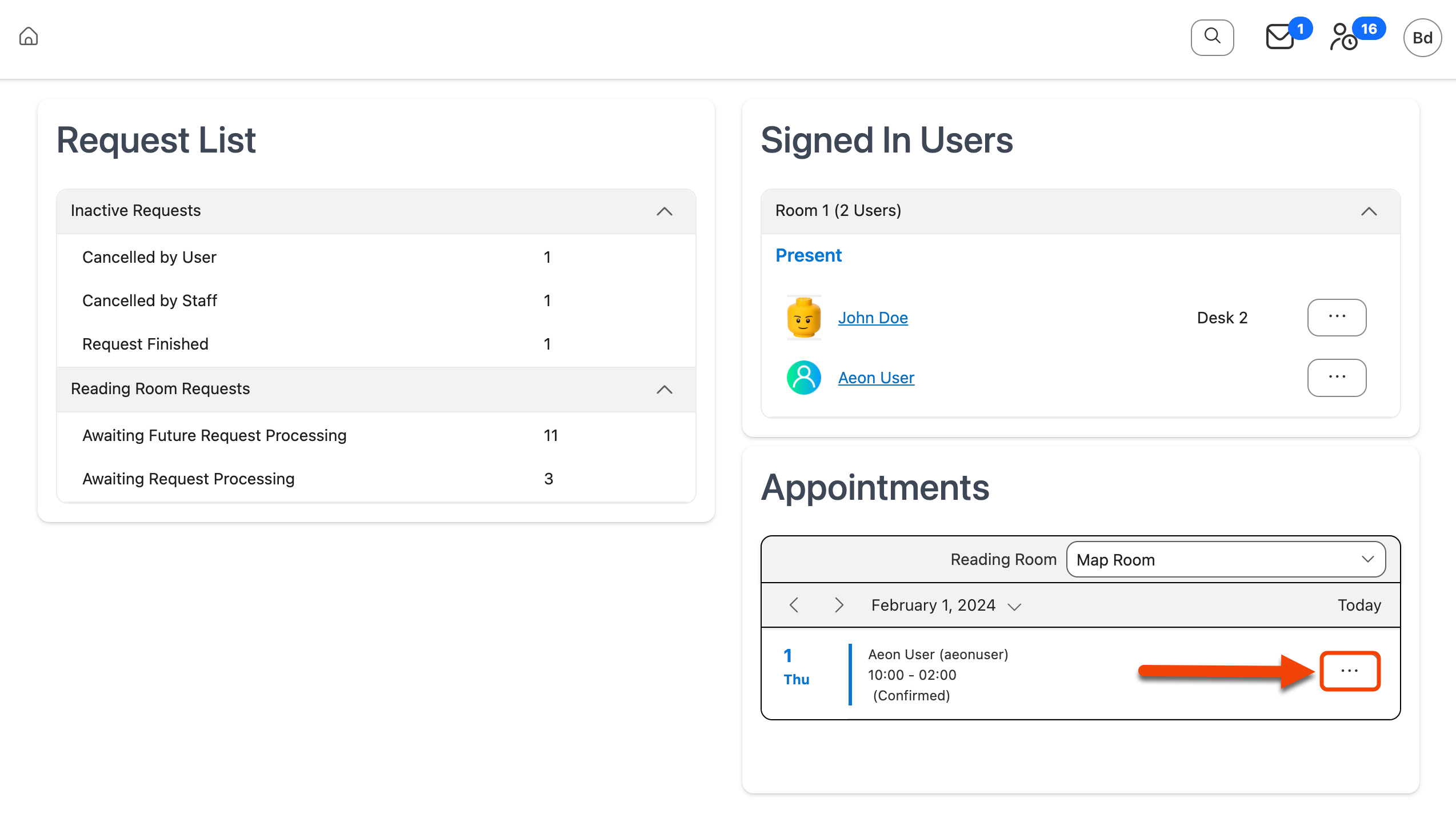 Action menu icon highlighted next to appointment in Appointments section