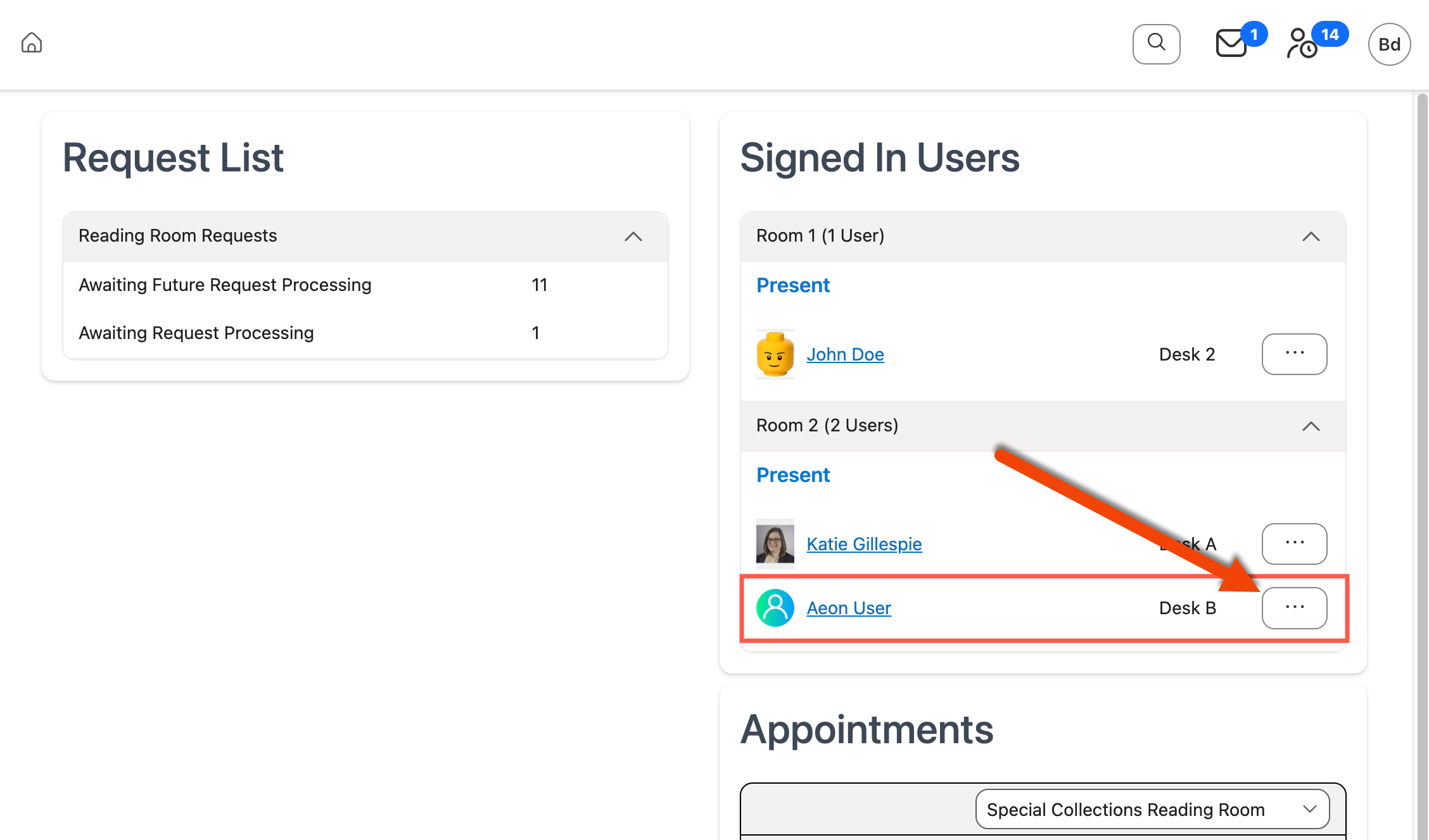 Action menu icon next to user in the Signed In Users section