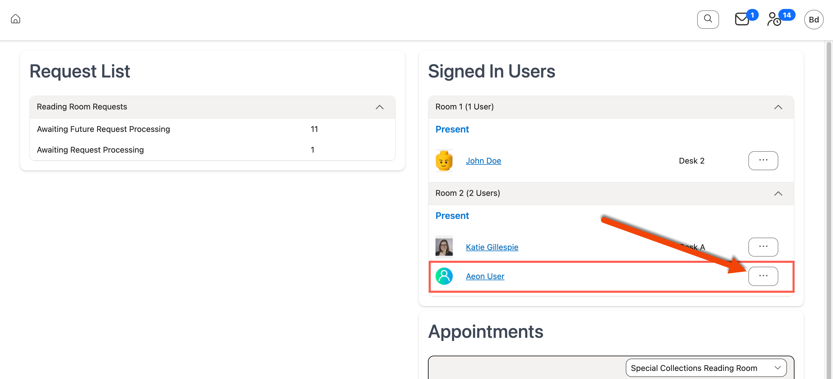 Action menu next to user in Signed In Users section