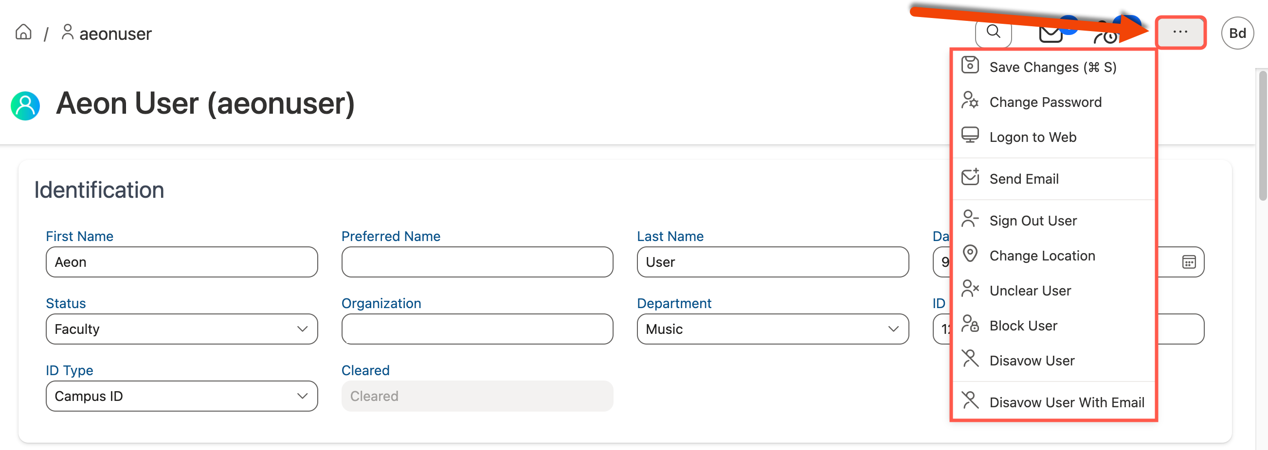 Action menu on User Information page