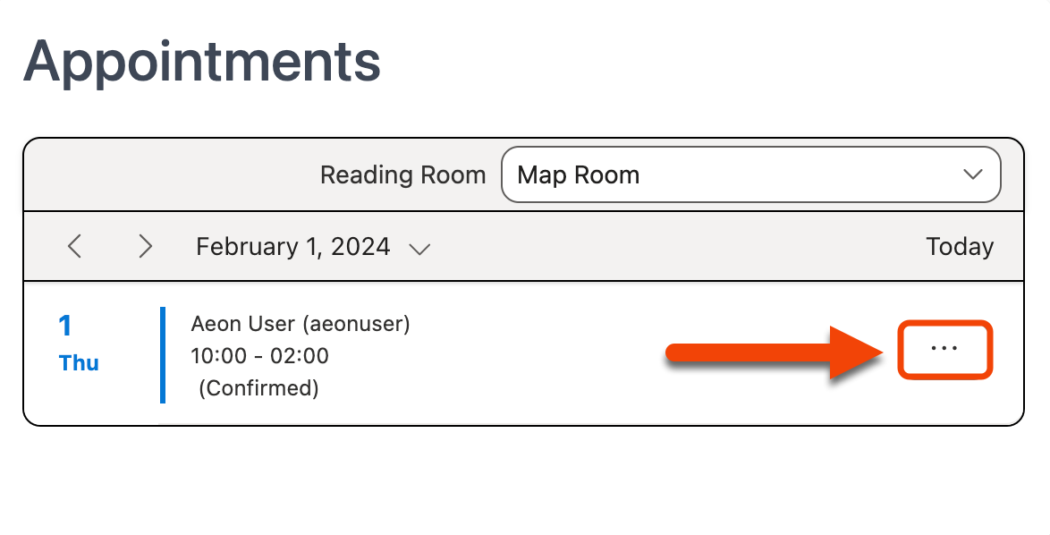 Appointments section with Action menu highlighted next to appointment