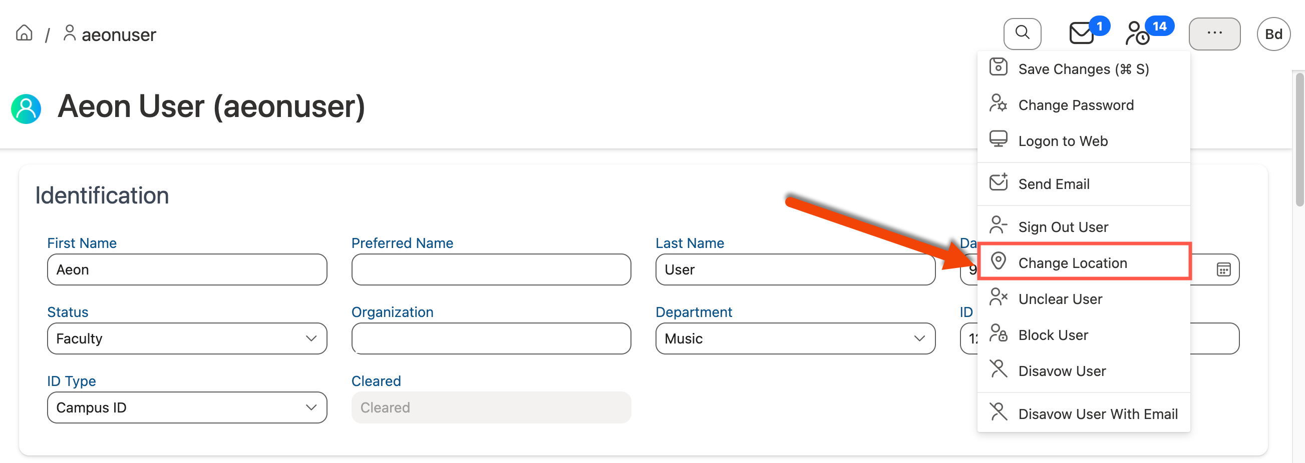 Change Location option in Action menu