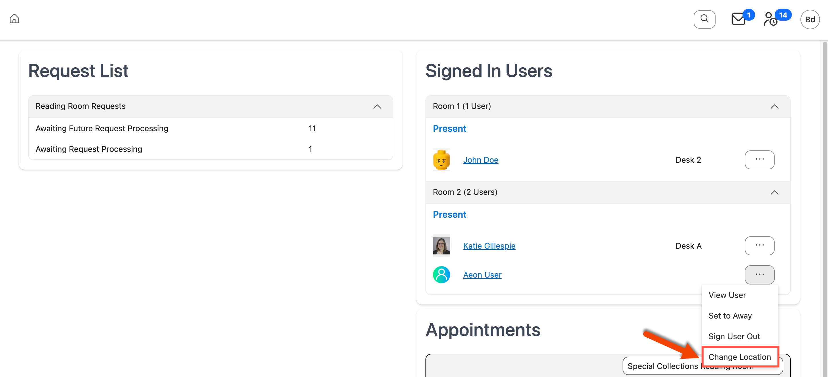 Change Location option in Action menu