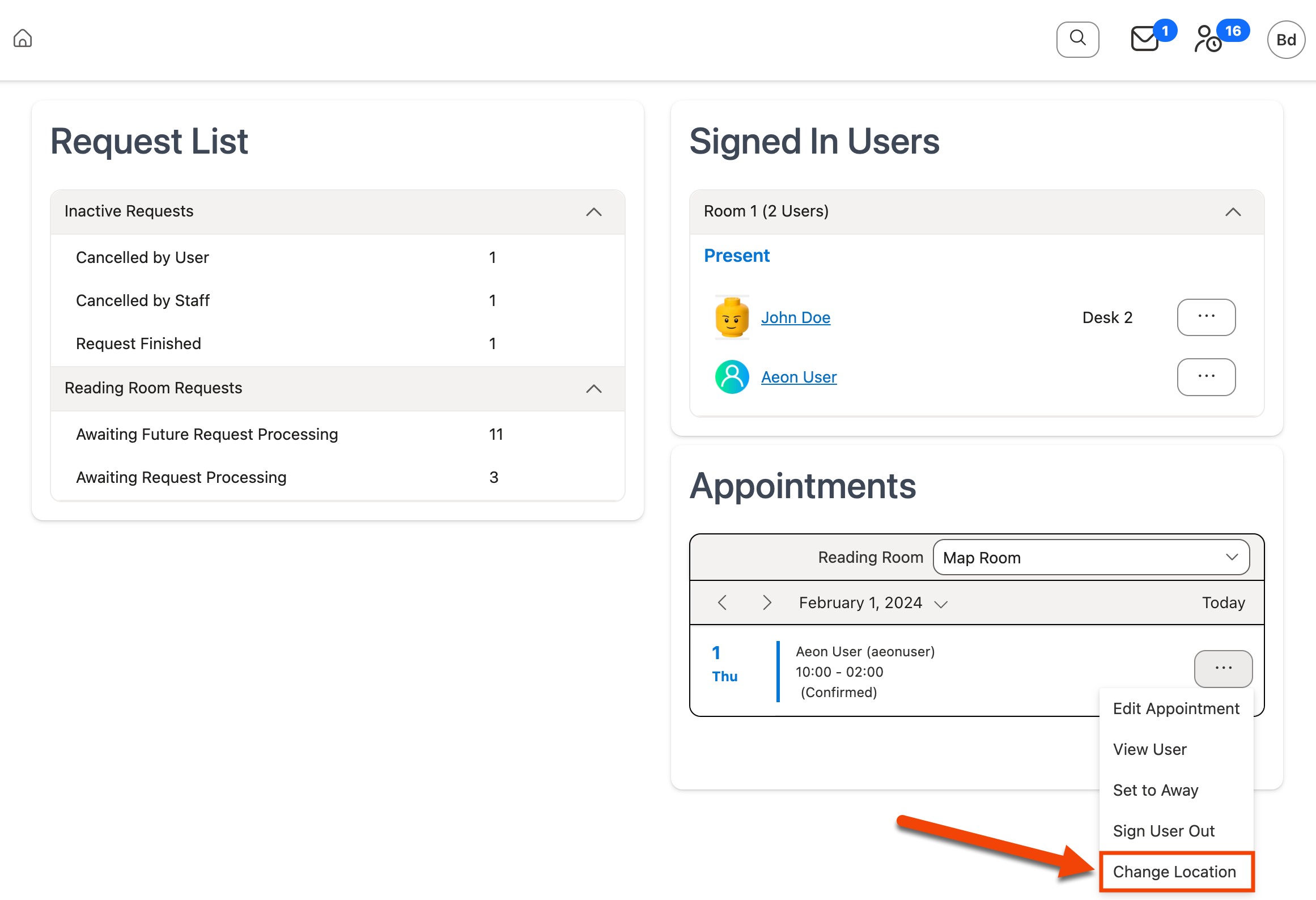 Change Location options highlighted in Action menu