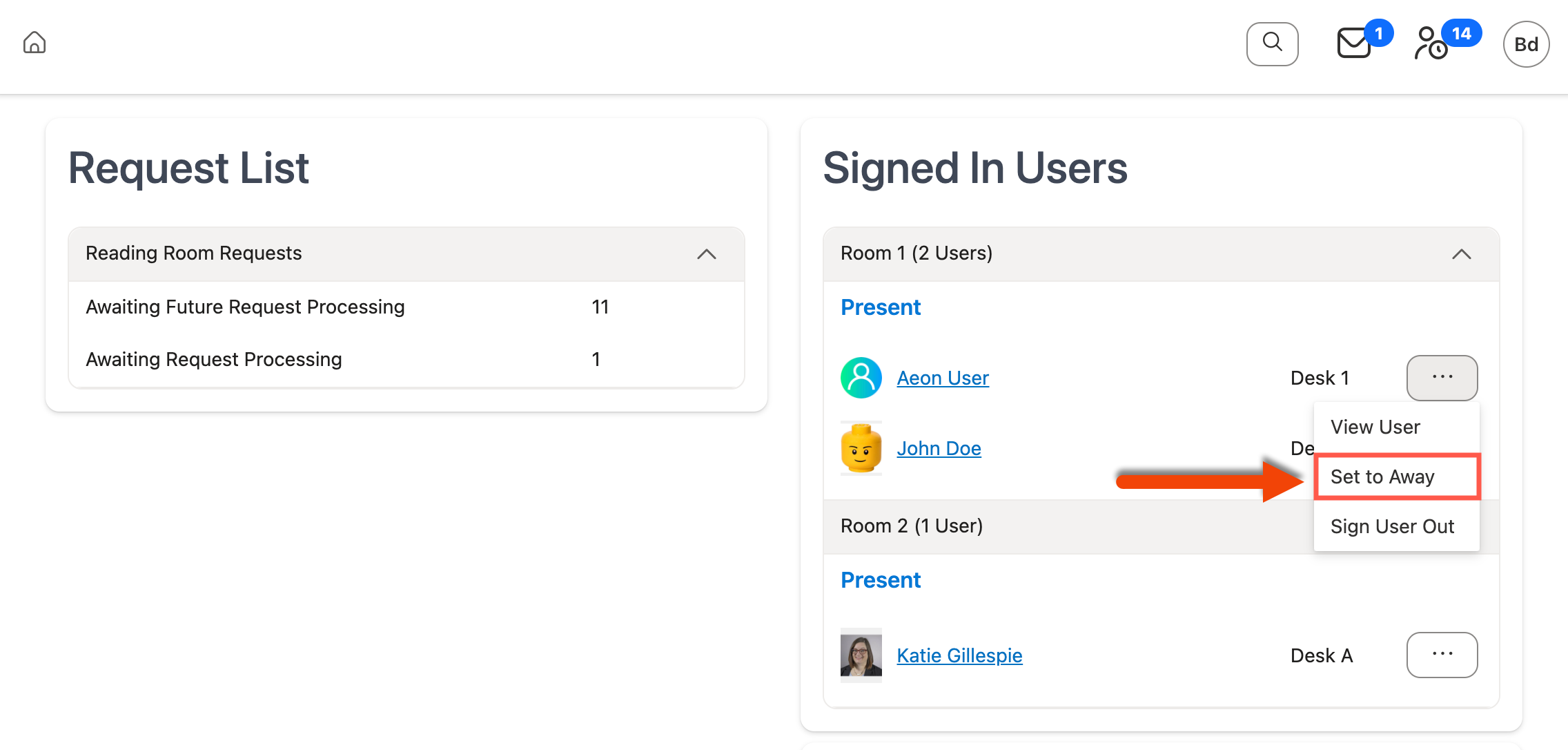 Set to Away option in Action menu
