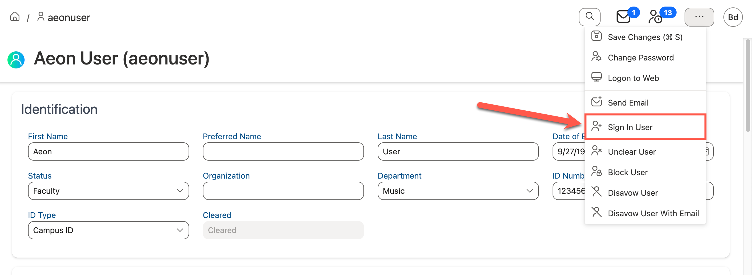Sign In User option from action menu on profile page