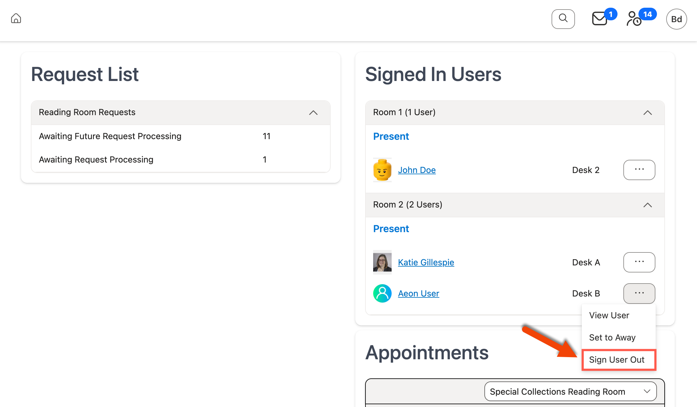 Sign User Out option in Action menu