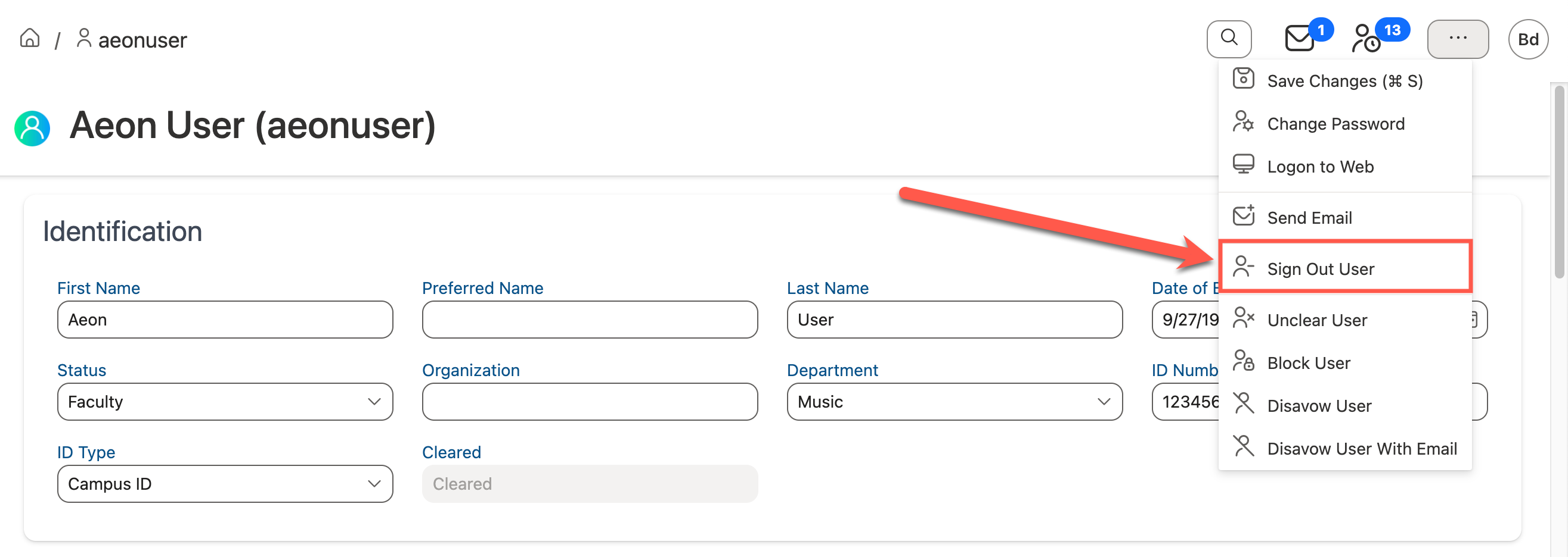 Sign out user option on the User Information page