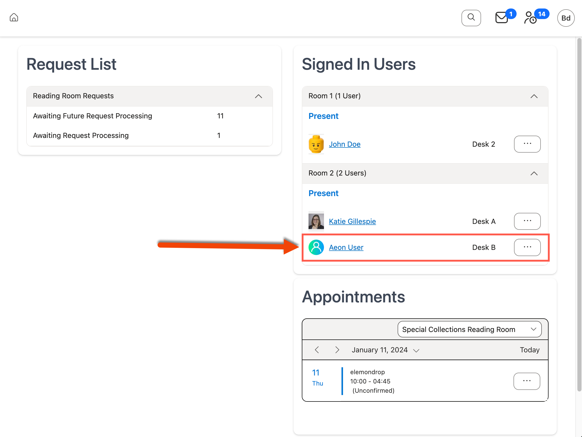 User displayed in Signed In Users section of Home page