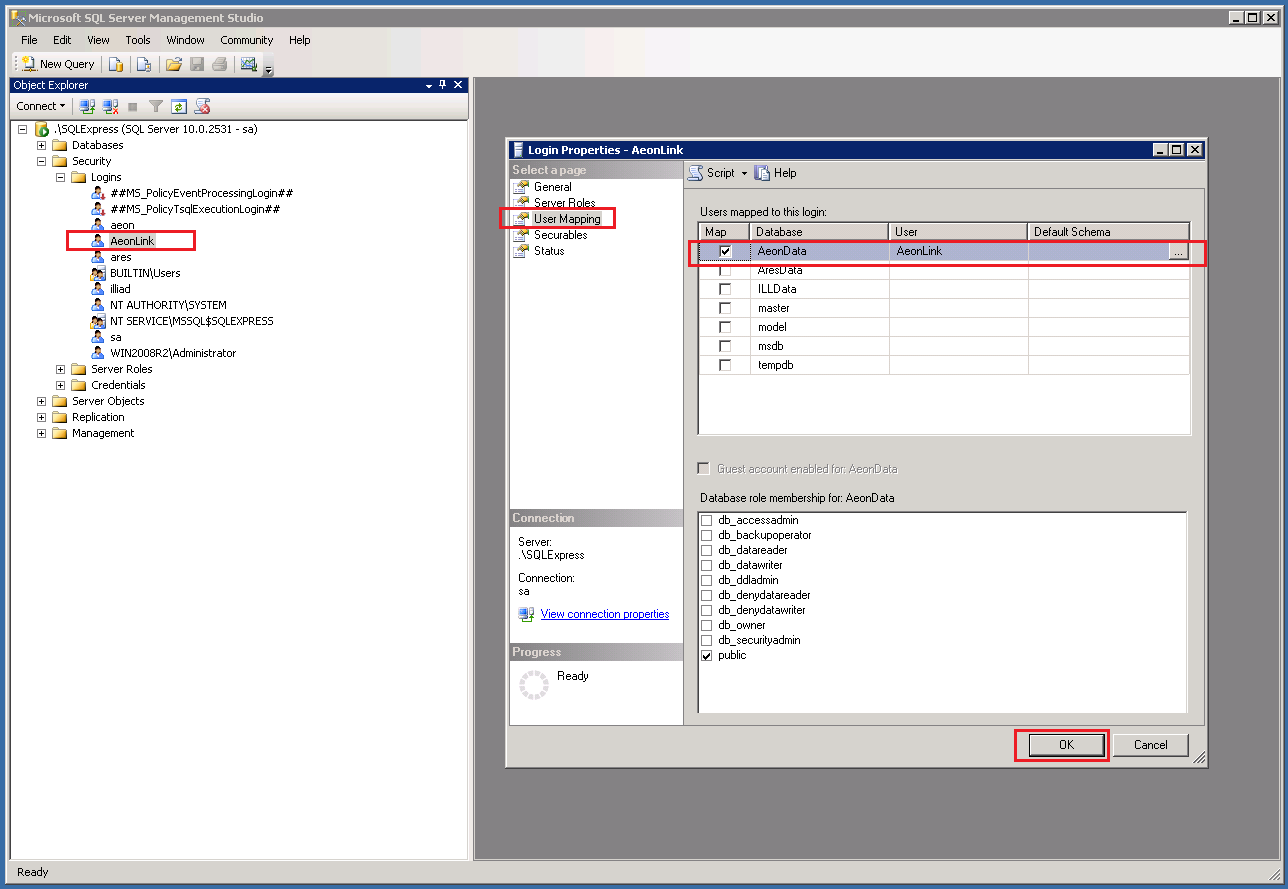 SQL Server Management Studio - Adding AeonLink Login - User Mapping Page