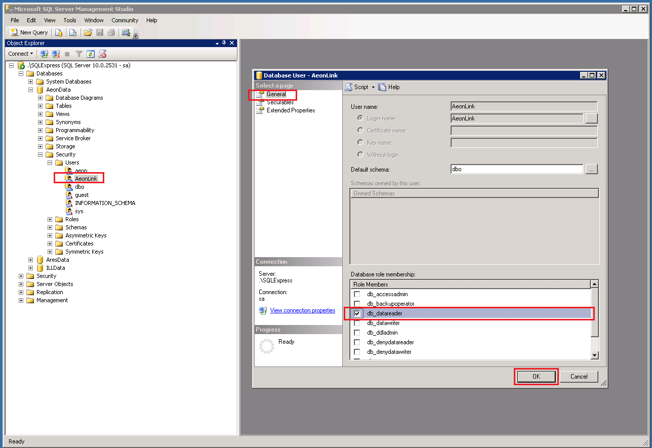 SQL Server Management Studio - Setting Permissions for AeonLink Login
