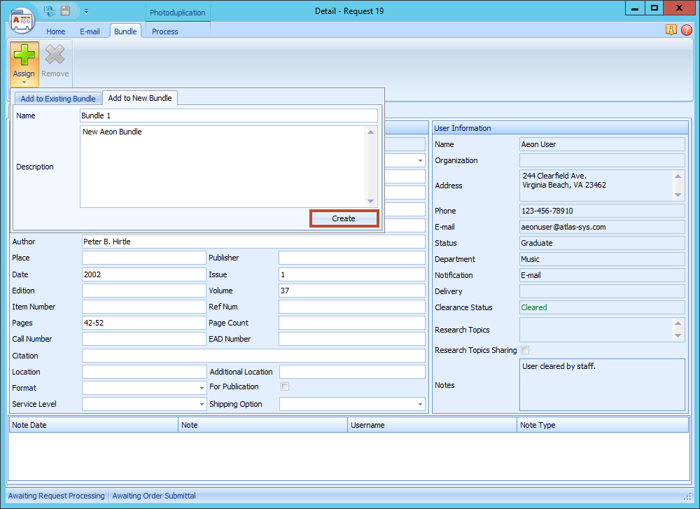 Assigning Requests to Bundles - Select Bundle Dialog