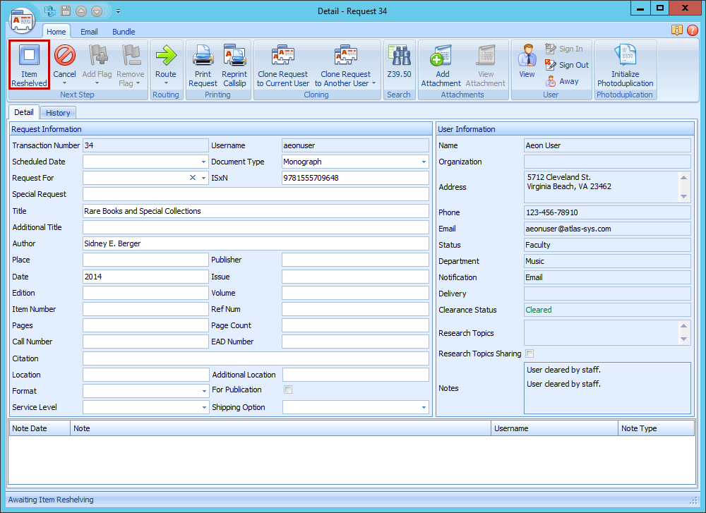 Checking In and Reshelving Items - Reshelve Item Dialog