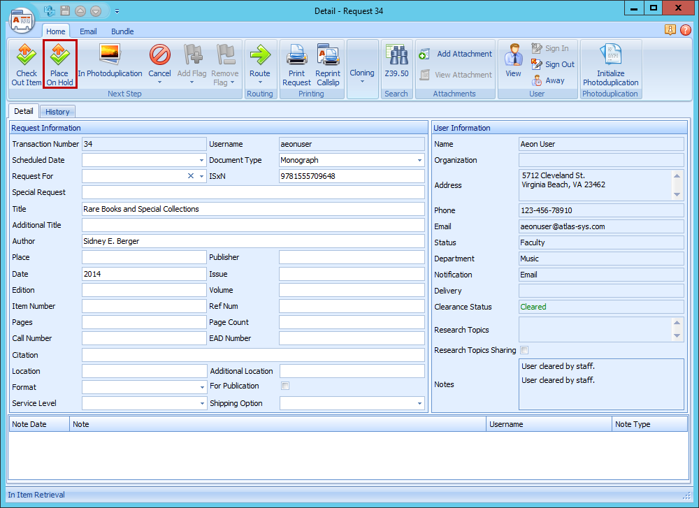 Placing Items on Hold - Place Item on Hold Dialog