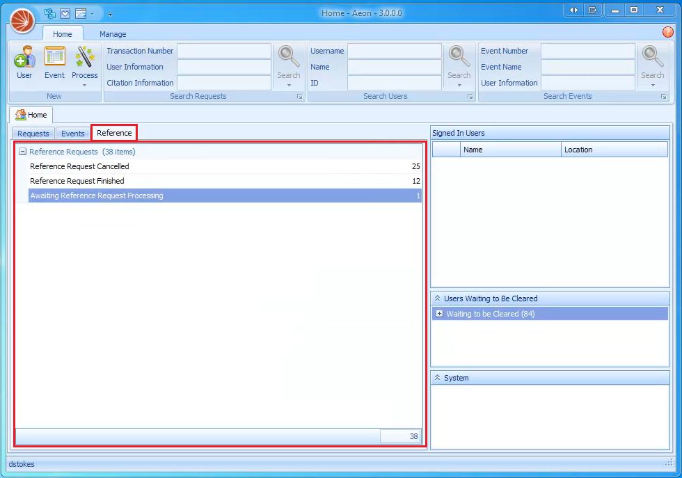 The Aeon Desktop Client Home page with the Reference tab selected, showing the Reference Requests queues (Cancelled, Finished, and Awaiting Reference Request Processing)