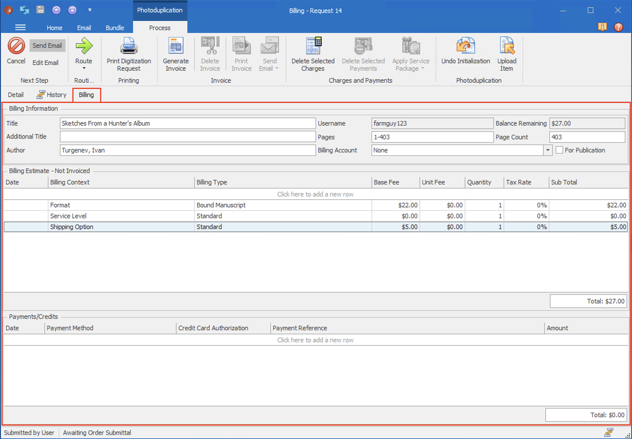 The Request Form - Billing Tab