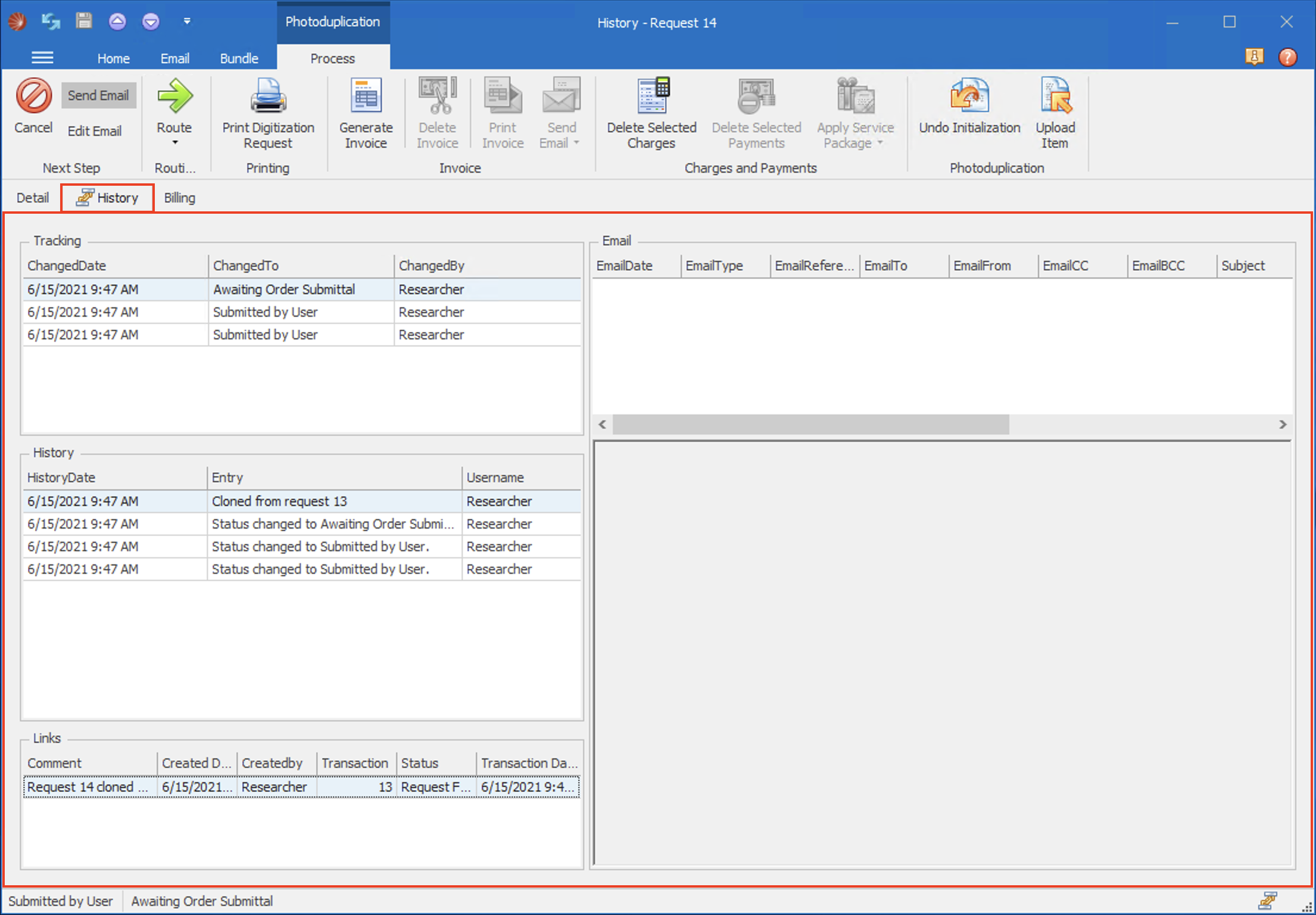 The Request Form - History Tab