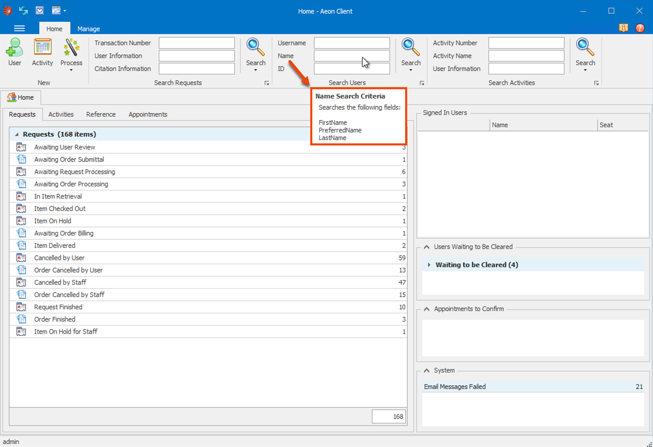 Searching - Basic Search Criteria Displayed in Aeon Desktop Client
