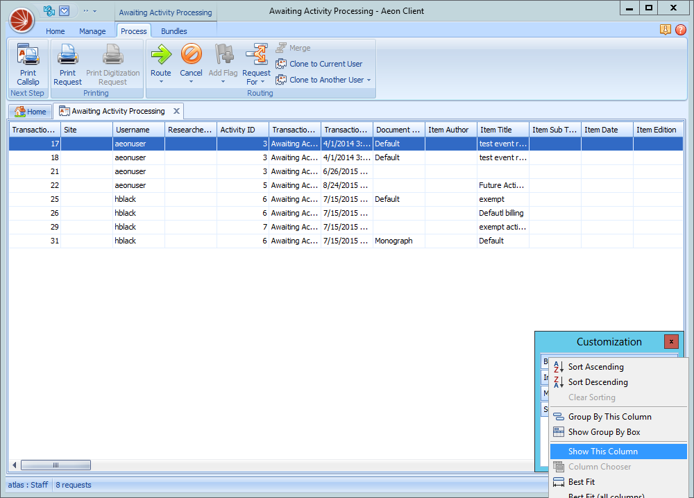 Aeon Desktop Client grid Column Chooser right-click menu with Show This Column, Group By This Column, and Best Fit options