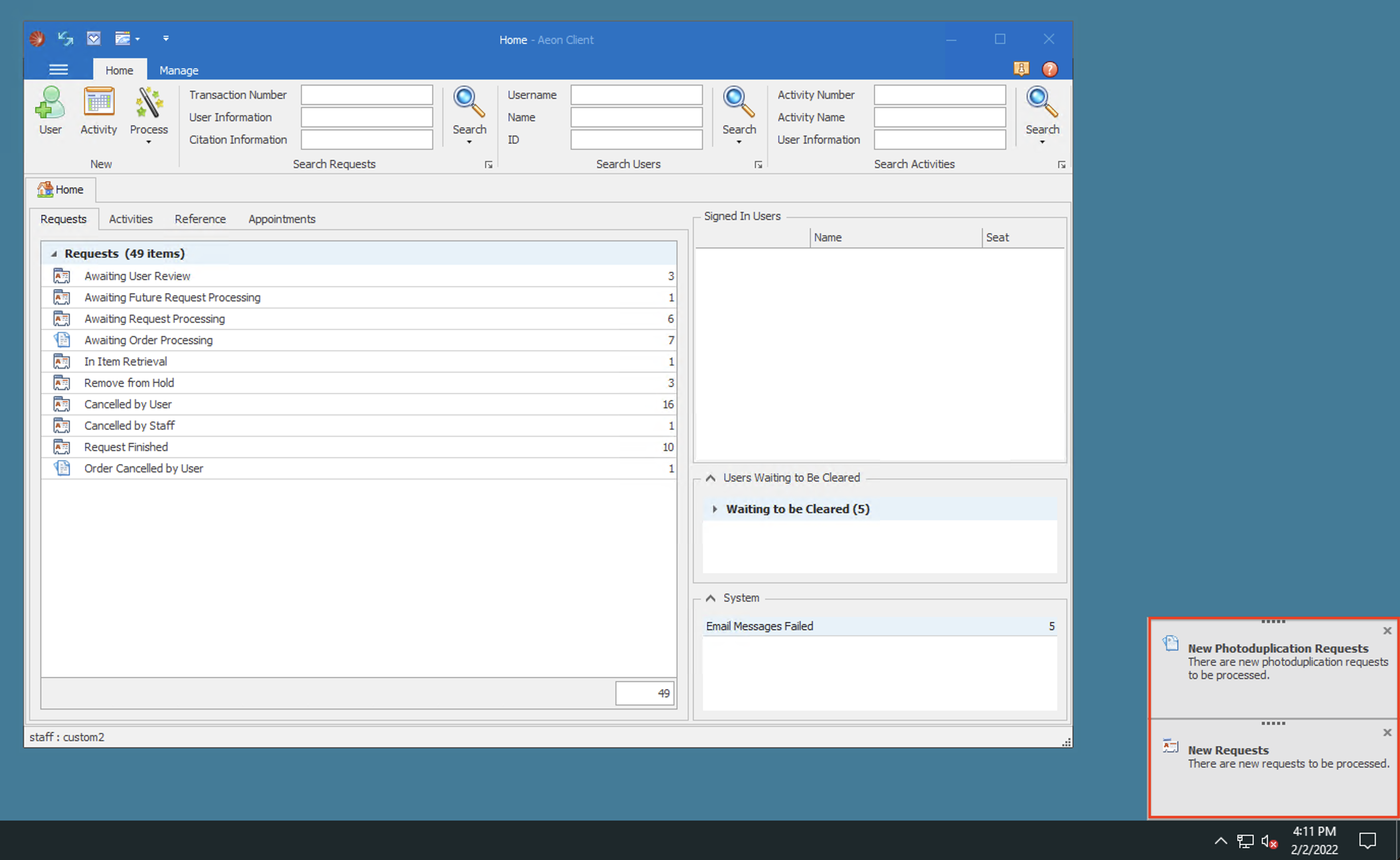Two Aeon Desktop Client popup notifications in the lower-right of the screen — New Photoduplication Requests and New Requests