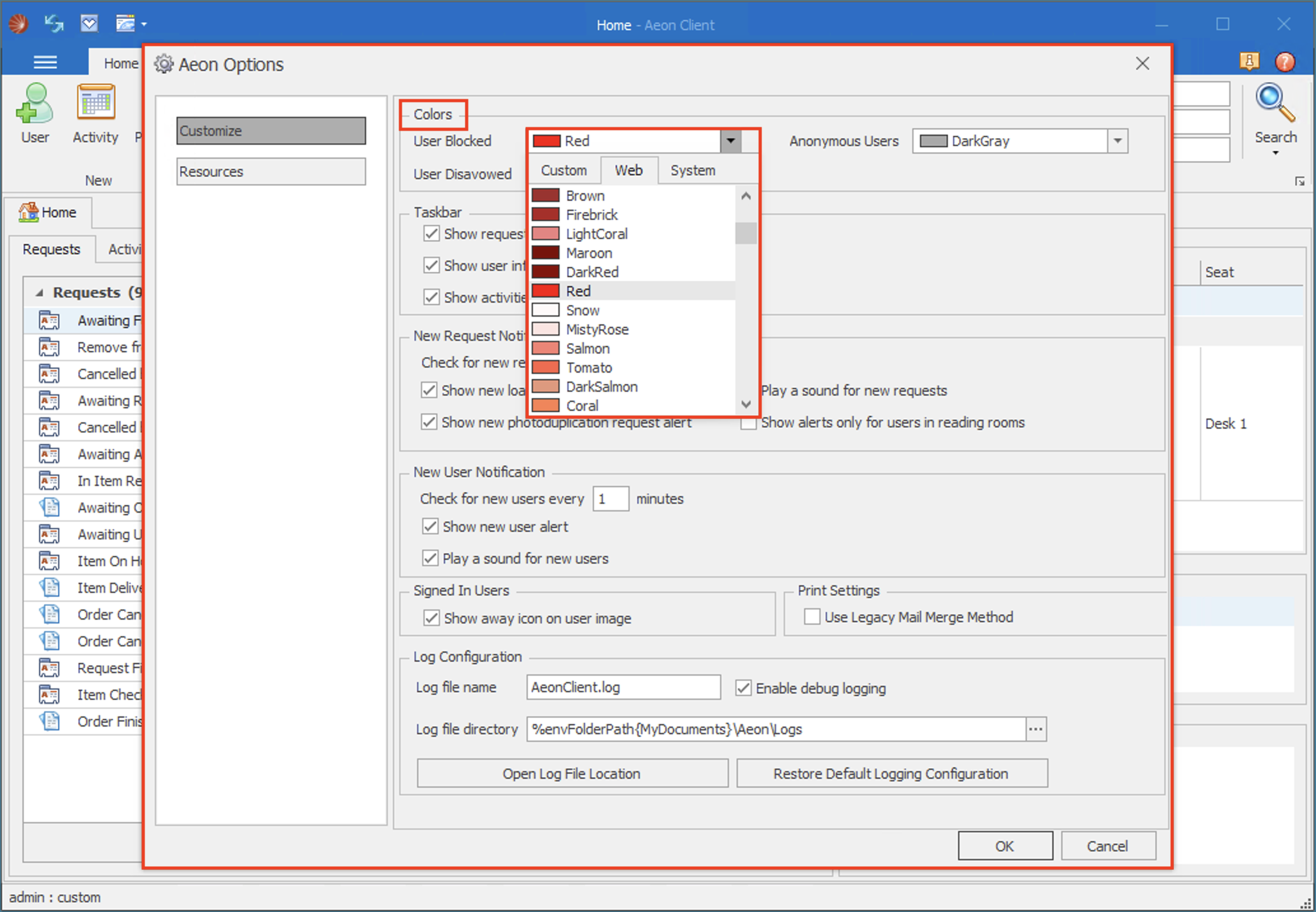 The Aeon Options Colors section with the User Blocked color dropdown open, showing the Web color palette with Red selected