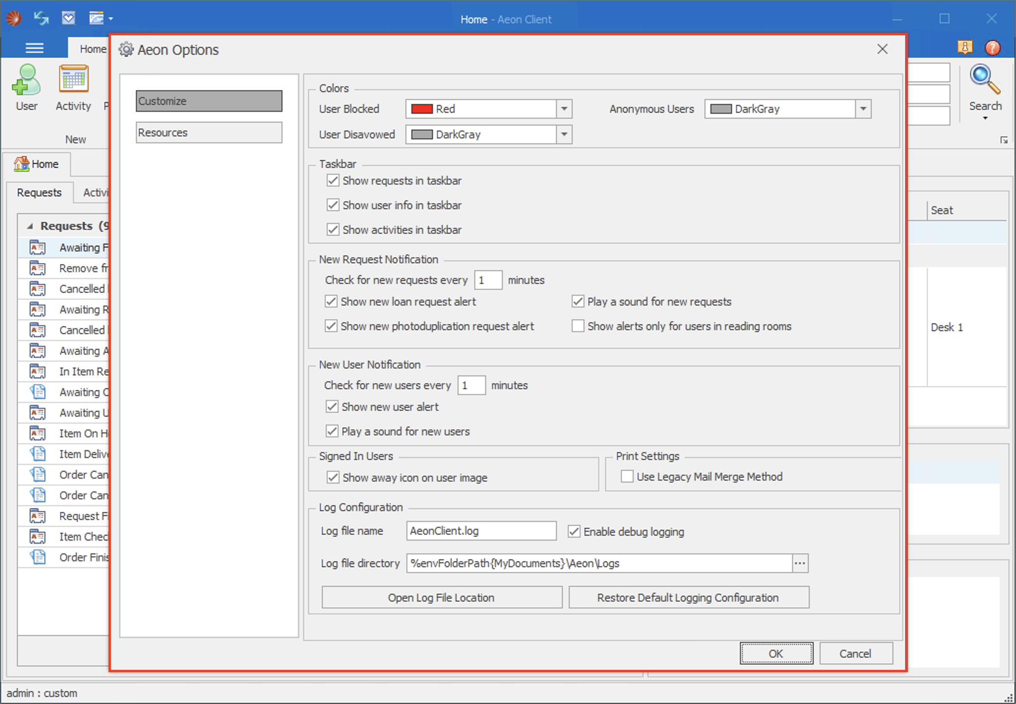 The Aeon Options window showing the Colors, Taskbar, New Request Notification, New User Notification, Signed In Users, Print Settings, and Log Configuration sections