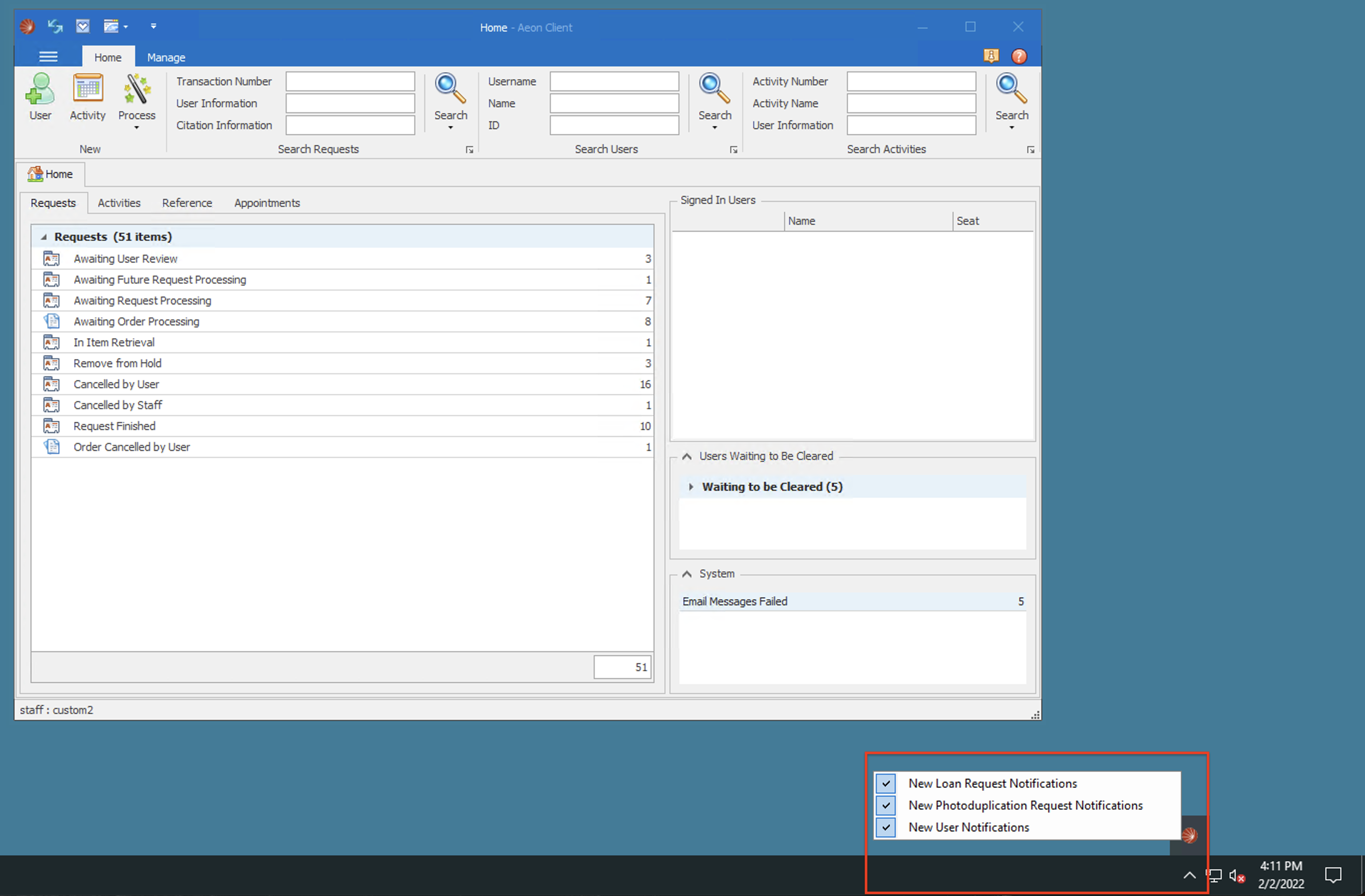 The right-click menu from the Aeon icon in the system tray showing toggles for New Loan Request, New Photoduplication Request, and New User Notifications