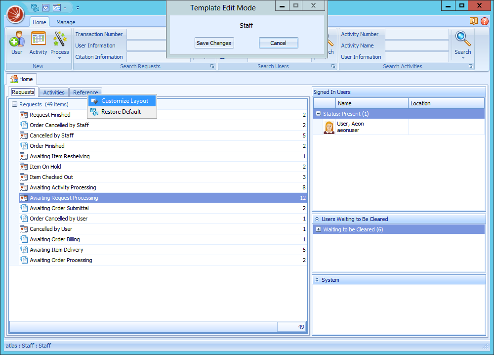 The Aeon Desktop Client Home page in Template Edit Mode with a right-click menu showing Customize Layout and Restore Default